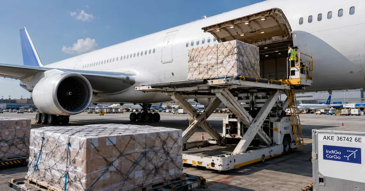 Air freight cargo being loaded at Mumbai airport India